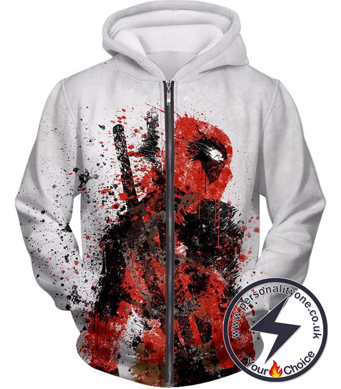 Spray Painted Mutant Hero Deadpool Cool White Zip Up Hoodie